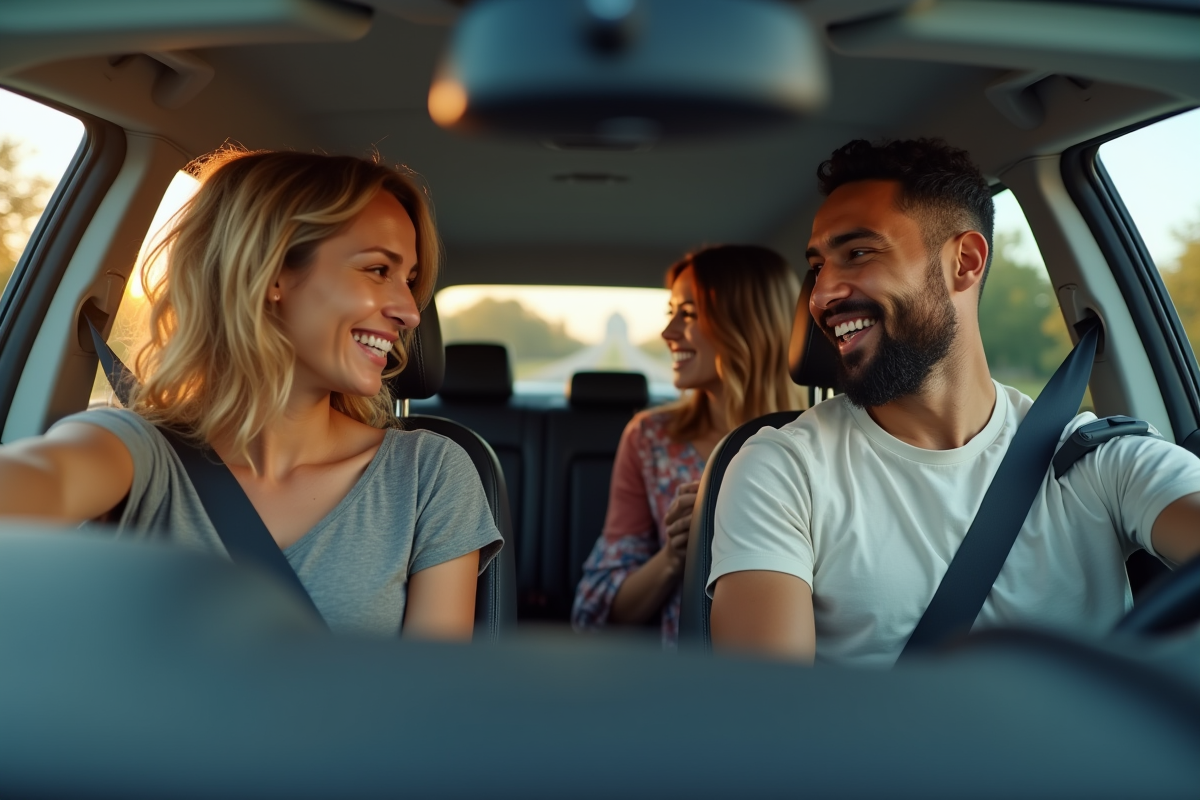 Trois adultes souriants dans une voiture moderne en covoiturage