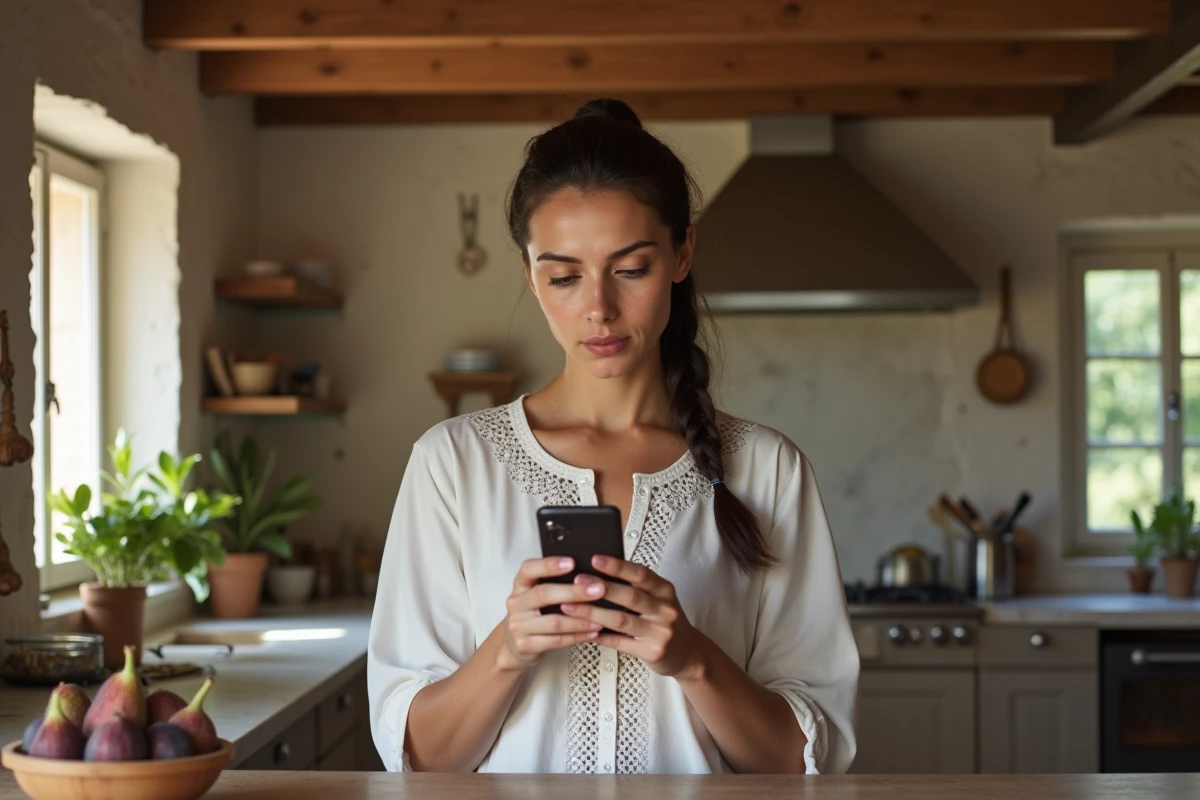 Jeune femme configurant les notifications d'un flux d'informations corses sur smartphone dans une cuisine traditionnelle