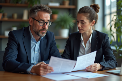 Homme d'affaires discutant avec une conseillère fiscale en bureau