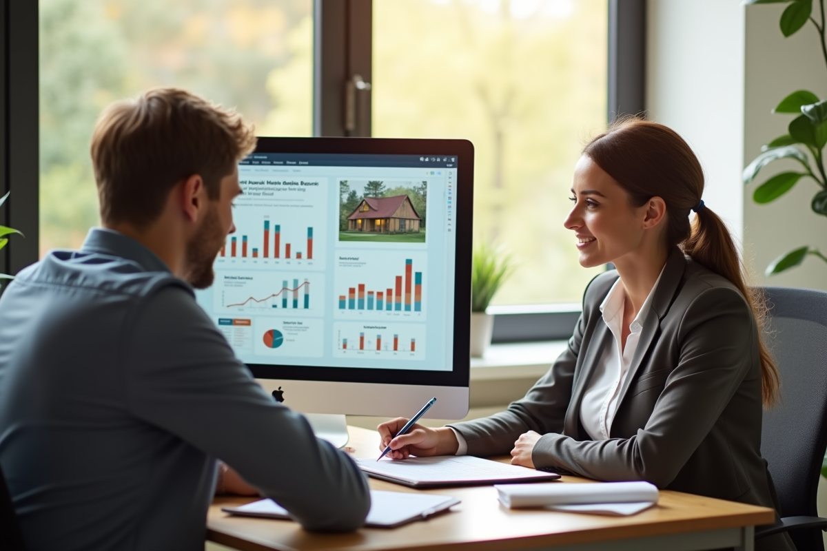 Conseiller financier montrant options hypothécaire à un couple