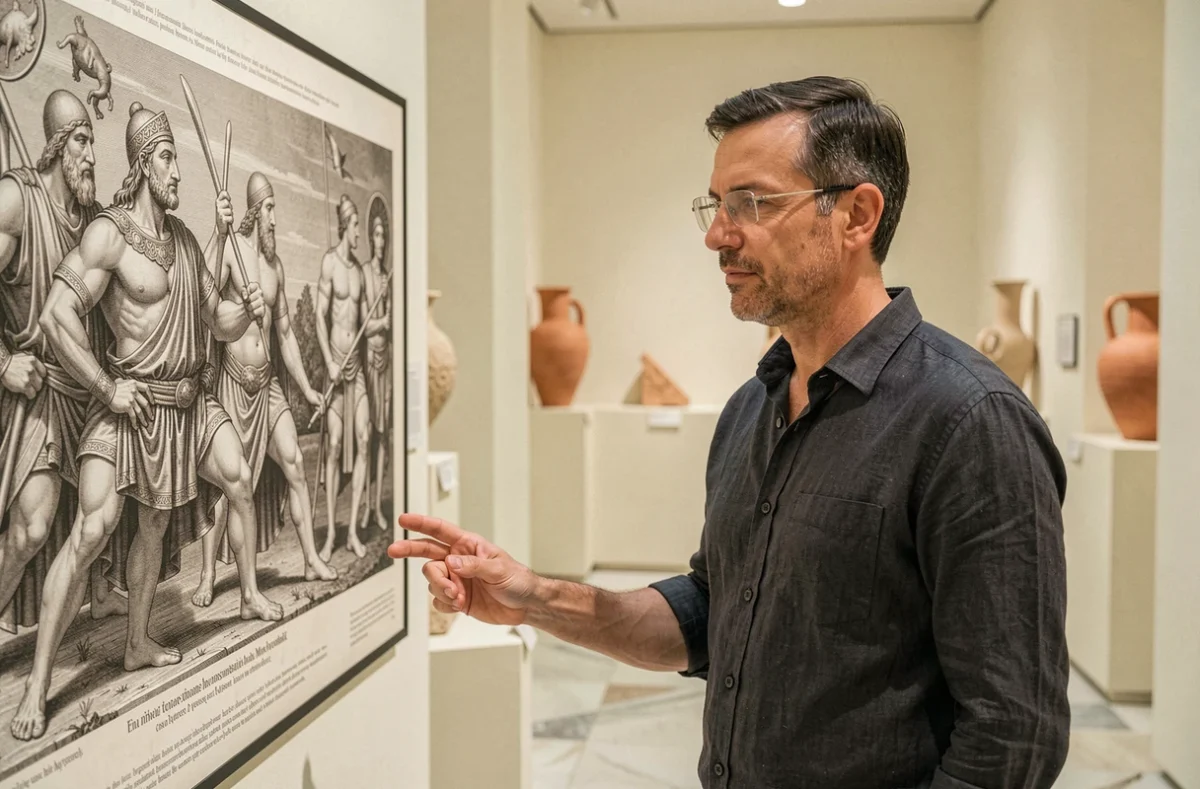 Conservateur de musée étudiant un panneau illustrant le mythe du Minotaure et du labyrinthe dans une salle d'archéologie grecque