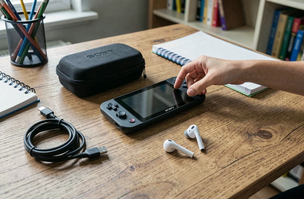 Console portable Sony posée sur un bureau d'enfant avec accessoires comme étui et câble de chargement