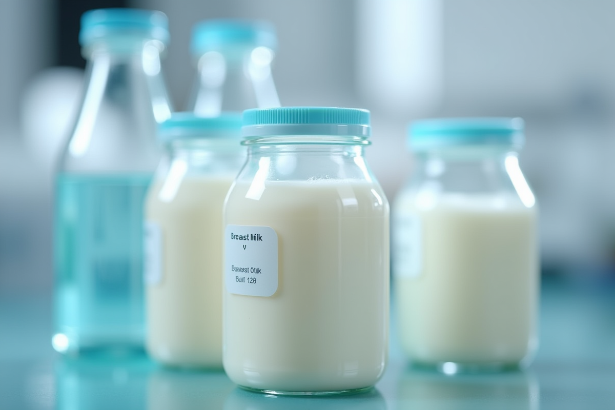 Contenants de lait maternel avec dates dans un laboratoire propre