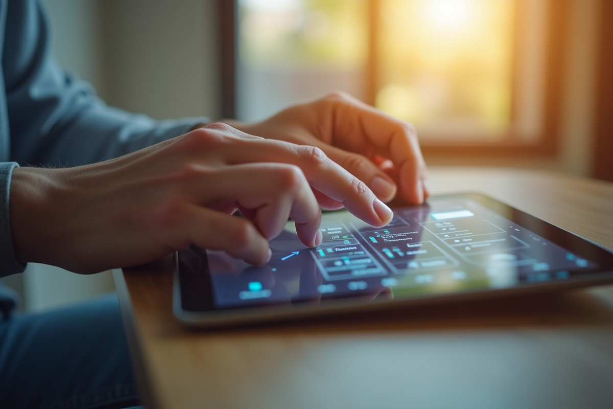 Mains utilisant une tablette pour contrôler des appareils connectes