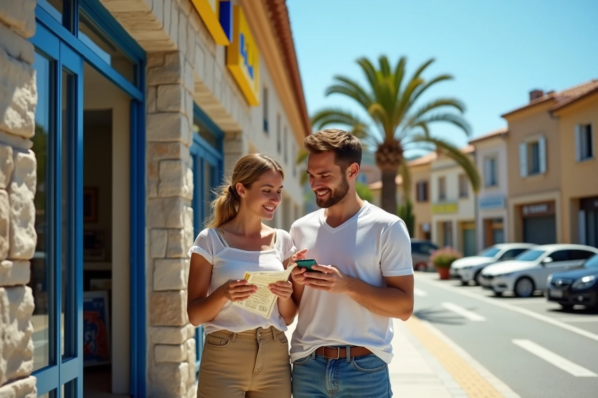 Couple comparant des bons de réduction Lidl devant un supermarché en Corse