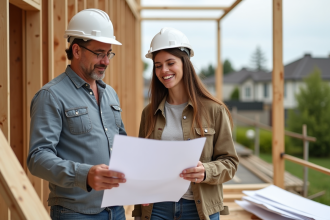 Couple souriant examinant des plans de construction