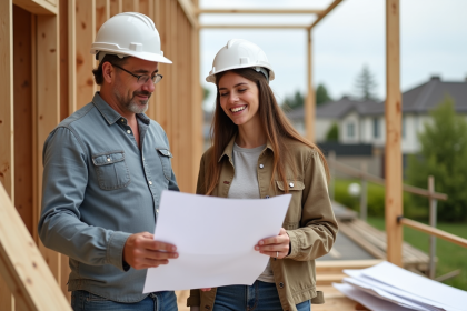 Couple souriant examinant des plans de construction