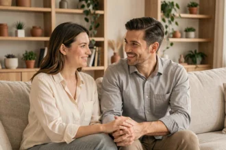 Couple complice et souriant dans un salon moderne, explorant une conversation ouverte sur leurs désirs en toute bienveillance