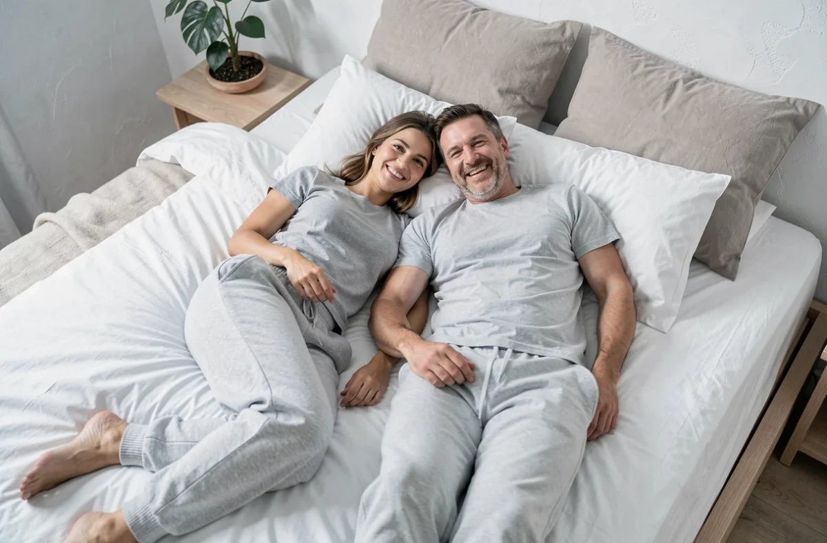 Couple détendu allongé sur un lit aux draps blancs, partageant un moment de complicité sereine et d'ouverture mutuelle
