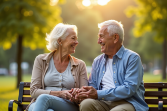 Couple âgé souriant sur un banc dans un parc ensoleille