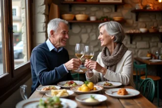 Couple français partageant un repas dans un bistrot rustique à Sarralbe