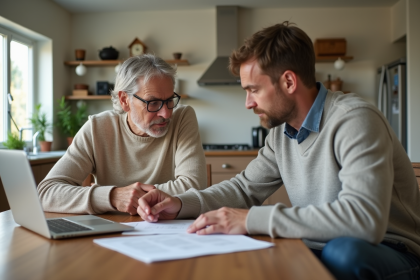Couple d'adultes discutant de leur prêt immobilier à la maison