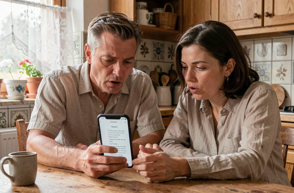 Deux personnes consultant les paroles de La Strasbourgeoise sur un téléphone dans une cuisine alsacienne