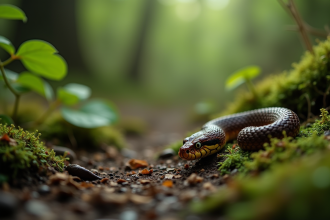 Gros plan sur des crottes de serpent sur sol humide en forêt