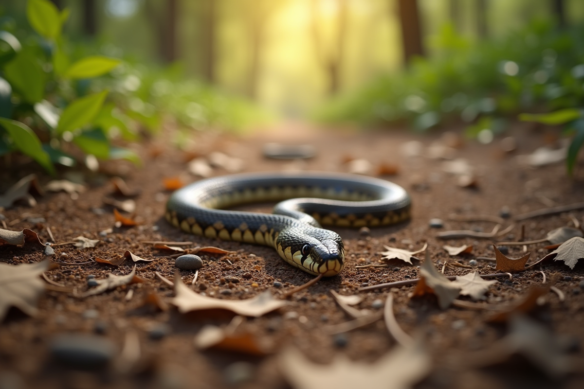 Vue large sur crottes de serpent sur sol sec parmi feuilles