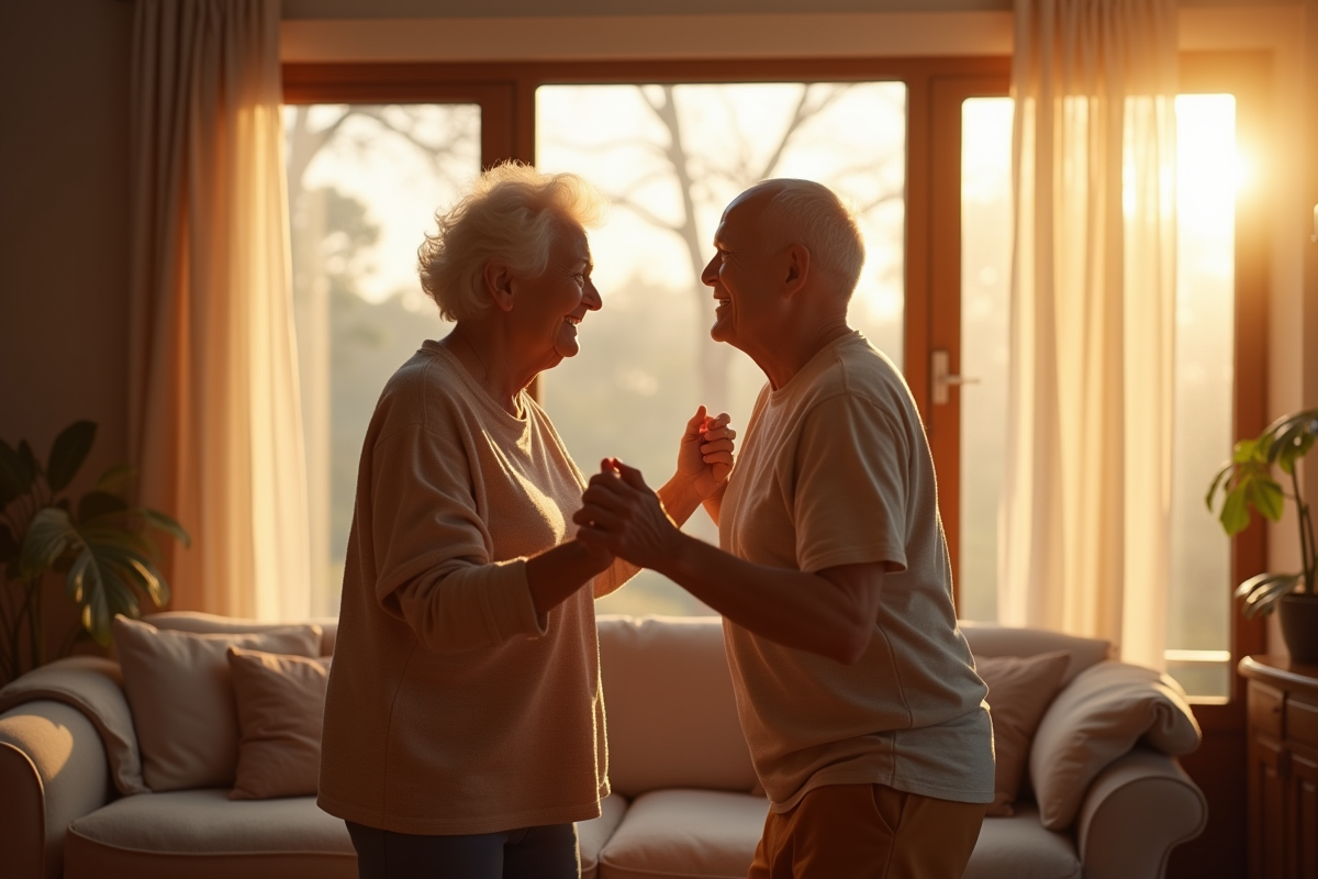 Couple âgé dansant dans un salon lumineux et chaleureux