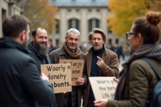 Groupe de personnes débattant dans une cour d'université sur les enjeux de la cancel culture et du pouvoir politique