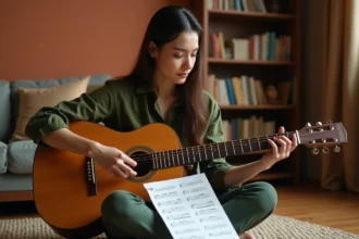 Jeune femme débutante apprenant la guitare acoustique en lisant une tablature imprimée sur le sol d'un salon