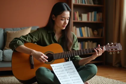 Jeune femme débutante apprenant la guitare acoustique en lisant une tablature imprimée sur le sol d'un salon