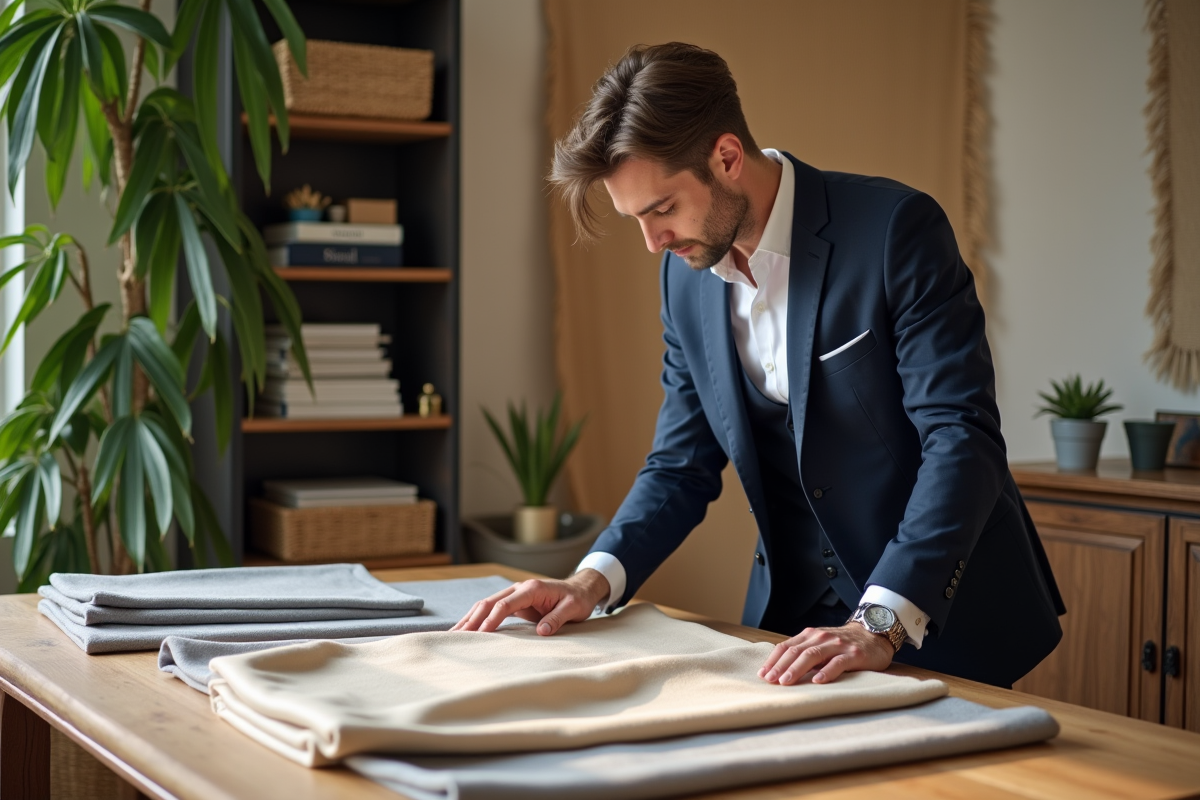 Decorateur en costume arrangeant tissus dans un studio lumineux