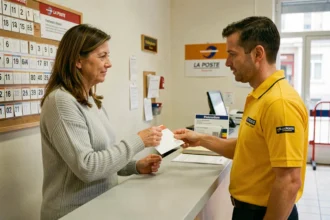 Femme déposant une lettre avec suivi au guichet d'un bureau de La Poste en France