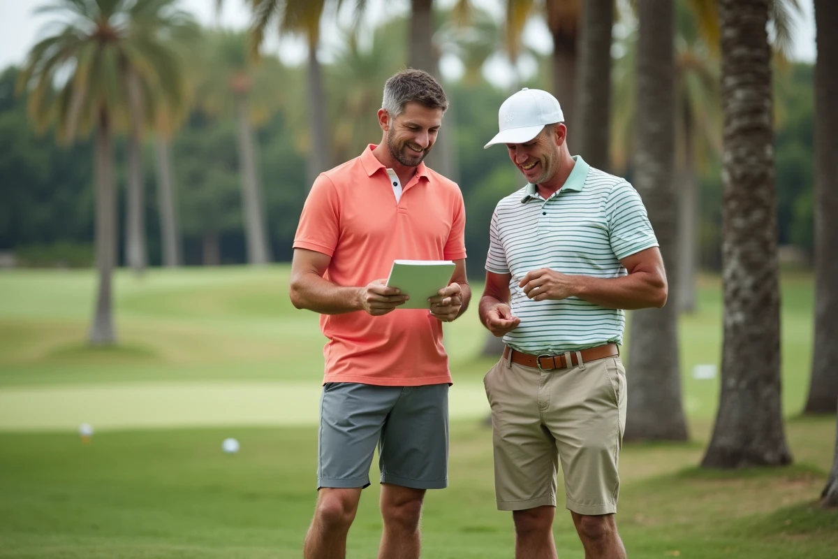 Deux golfeurs consultant le règlement du golf concernant les palmiers sur le parcours