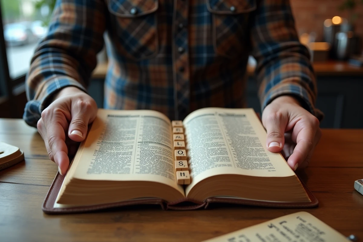 Mains masculines consultant un dictionnaire officiel du Scrabble avec un chevalet de lettres posé sur une table de café