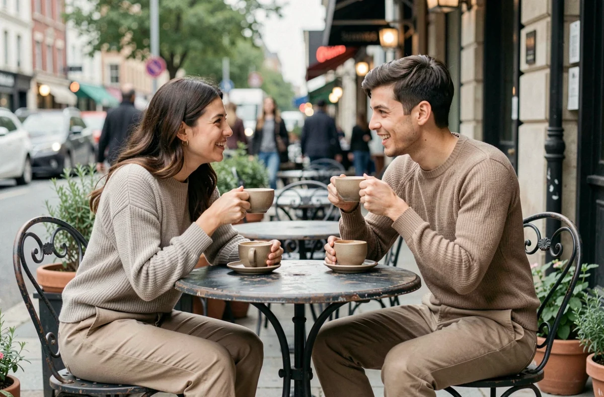 Deux adultes souriants attablés en terrasse de café, partageant une discussion complice et ouverte sur leurs curiosités relationnelles