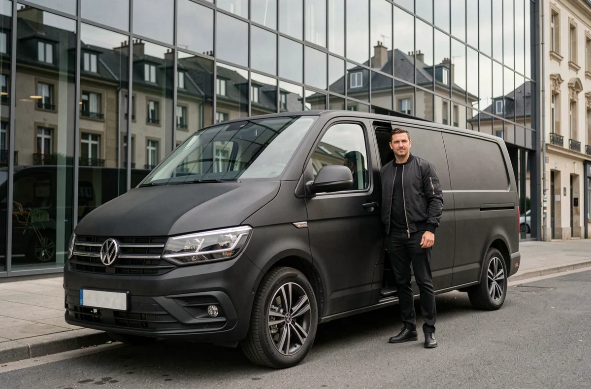 DREAM TRANSPORT VTC avec van noir mat et chauffeur en veste sombre devant un immeuble moderne en Franche-Comté