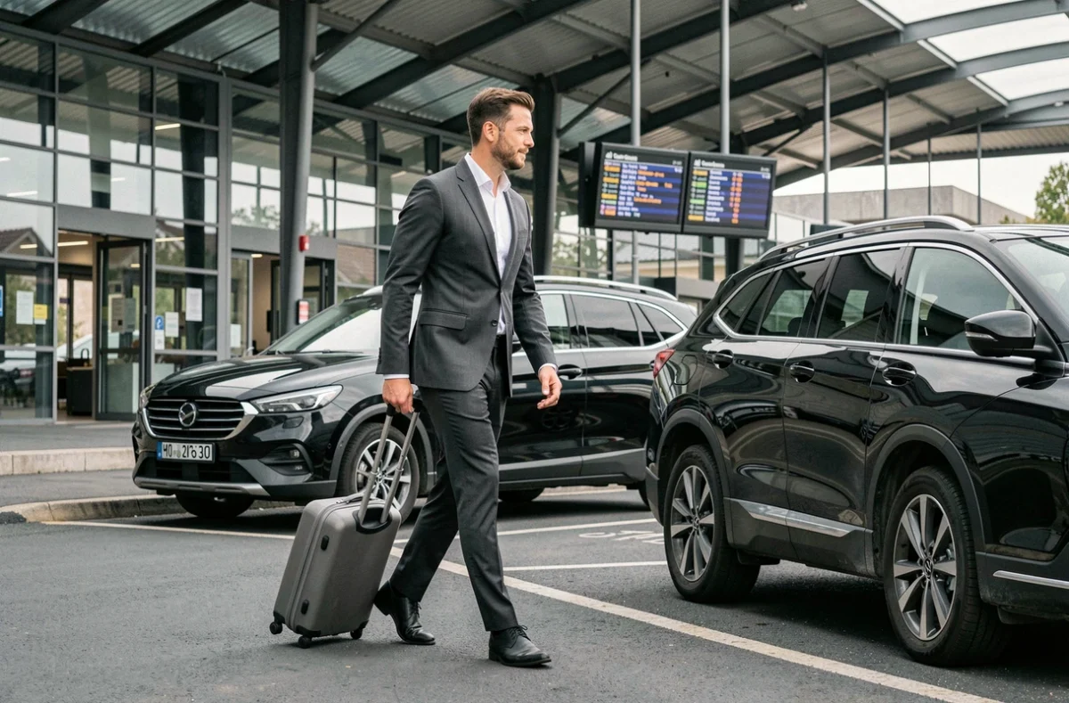 Drive and GO chauffeur VTC en costume gris avec SUV noir à l'entrée d'une gare moderne en Franche-Comté
