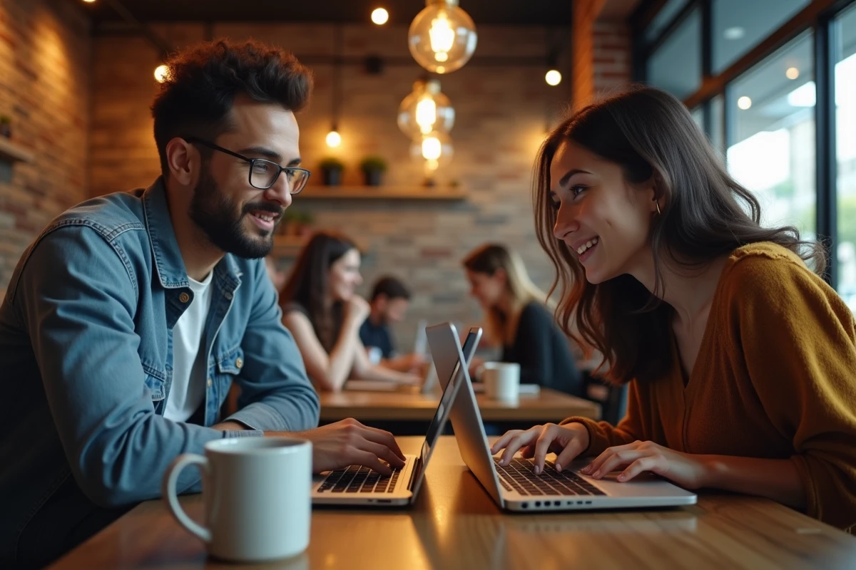 Deux jeunes adultes dans un café discutant de leur suivi de lectures manga sur un site de tracking de chapitres affiché sur leurs ordinateurs portables