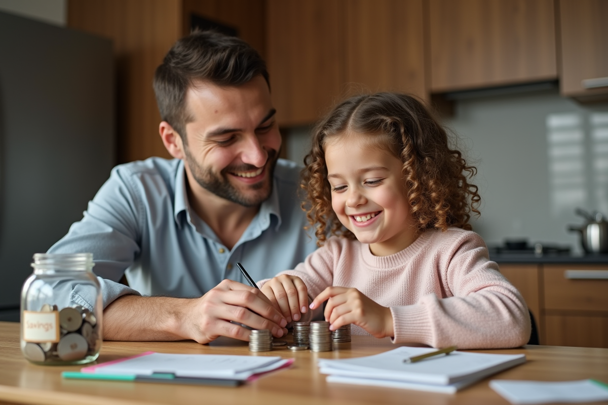 Fille souriante de 8 ans comptant des pièces à la maison