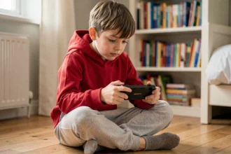 Enfant de 10 ans assis sur le sol de sa chambre tenant une console portable Sony avec concentration
