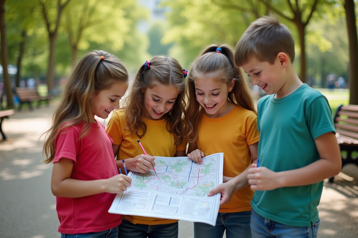 Groupe d'enfants résolvant une énigme dans un parc ensoleille