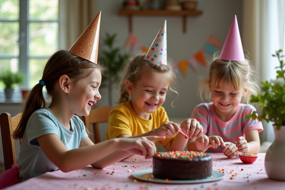 Enfants décorant un gâteau au chocolat avec des sprinkles