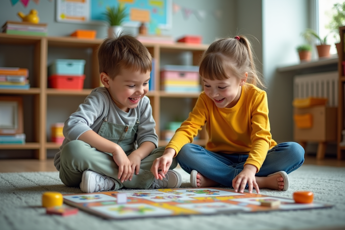 Deux enfants en classe jouent à un jeu éducatif ensemble
