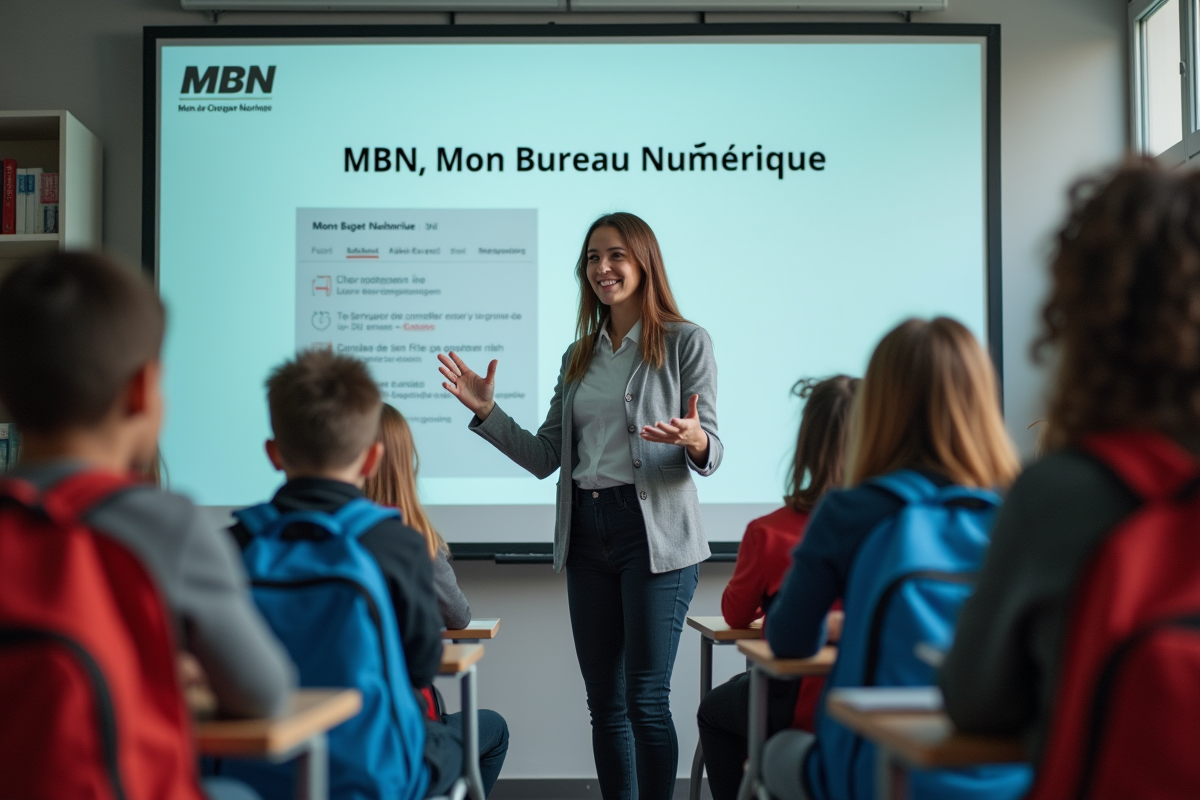 Professeure guidant des élèves avec un tableau numérique MBN