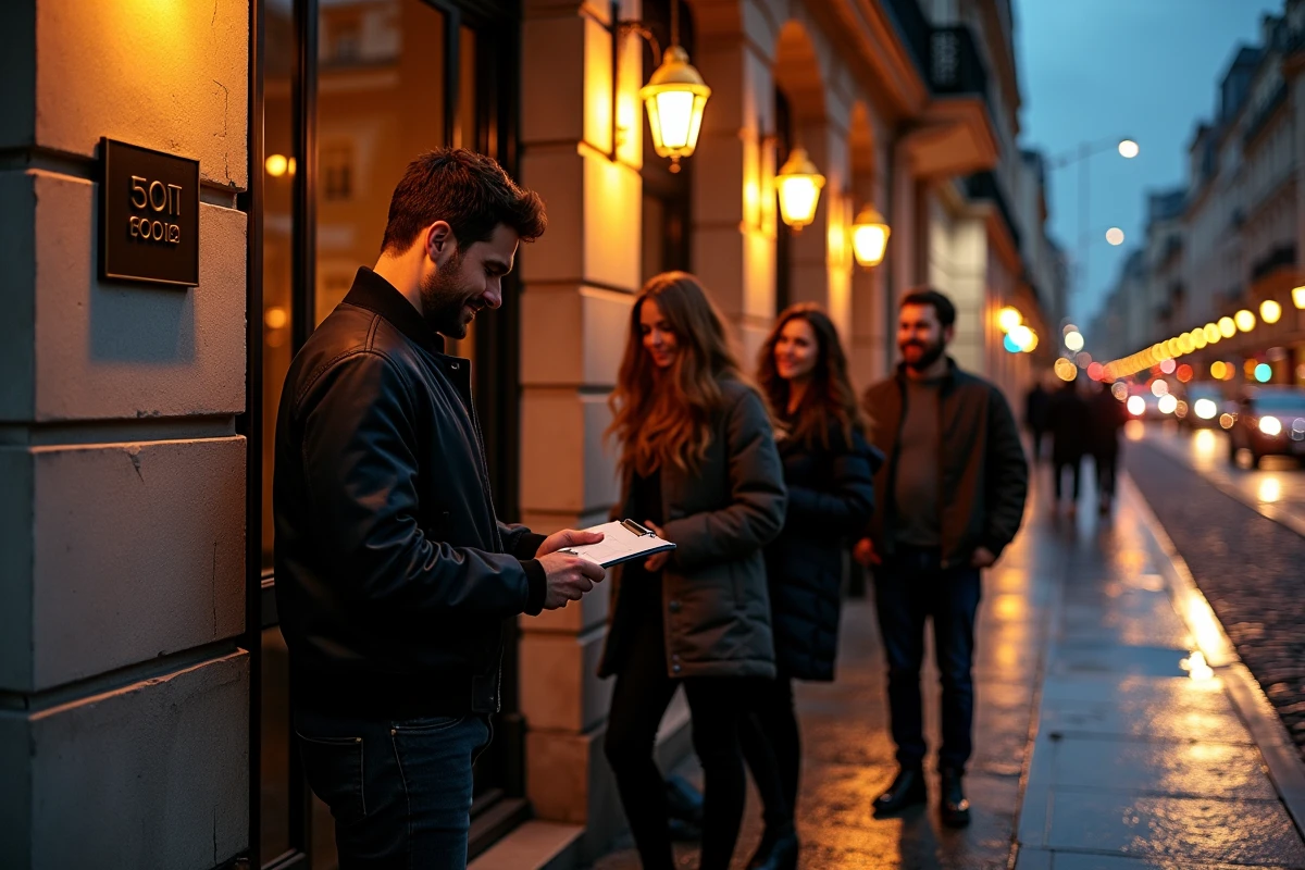 File d'attente devant l'entrée d'une boîte de nuit électro à Paris avec façade haussmannienne