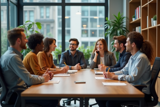 Groupe de collègues en réunion dans un bureau moderne