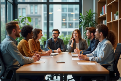 Groupe de collègues en réunion dans un bureau moderne