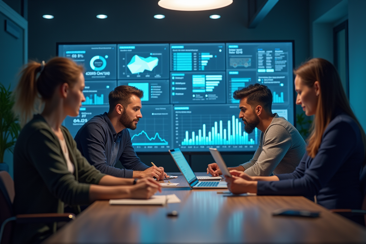 Equipe collaborative autour d'un tableau de bord digital moderne