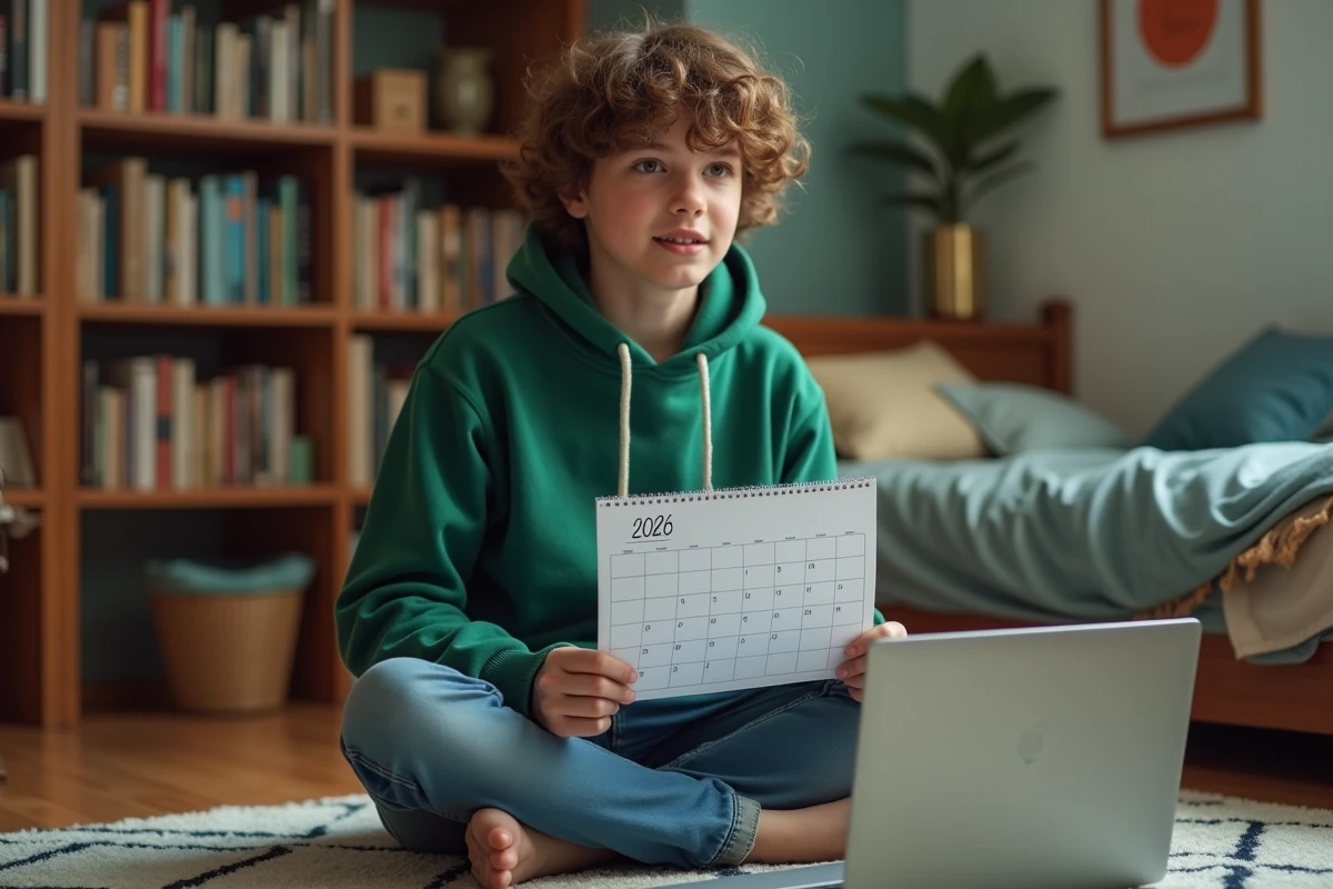 Étudiant téléchargeant un calendrier interactif des jours fériés 2026 sur ordinateur portable dans une chambre