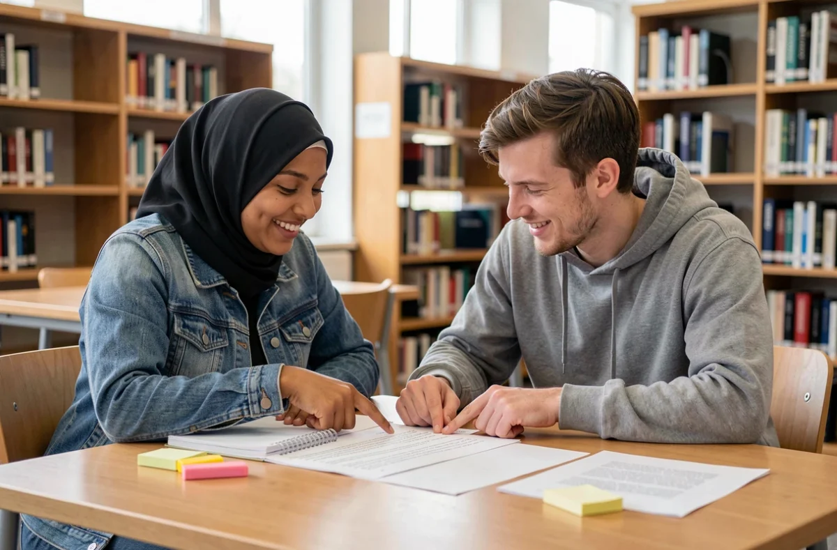 Deux étudiants comparant une traduction marocaine française de paroles de chansons dans une bibliothèque universitaire