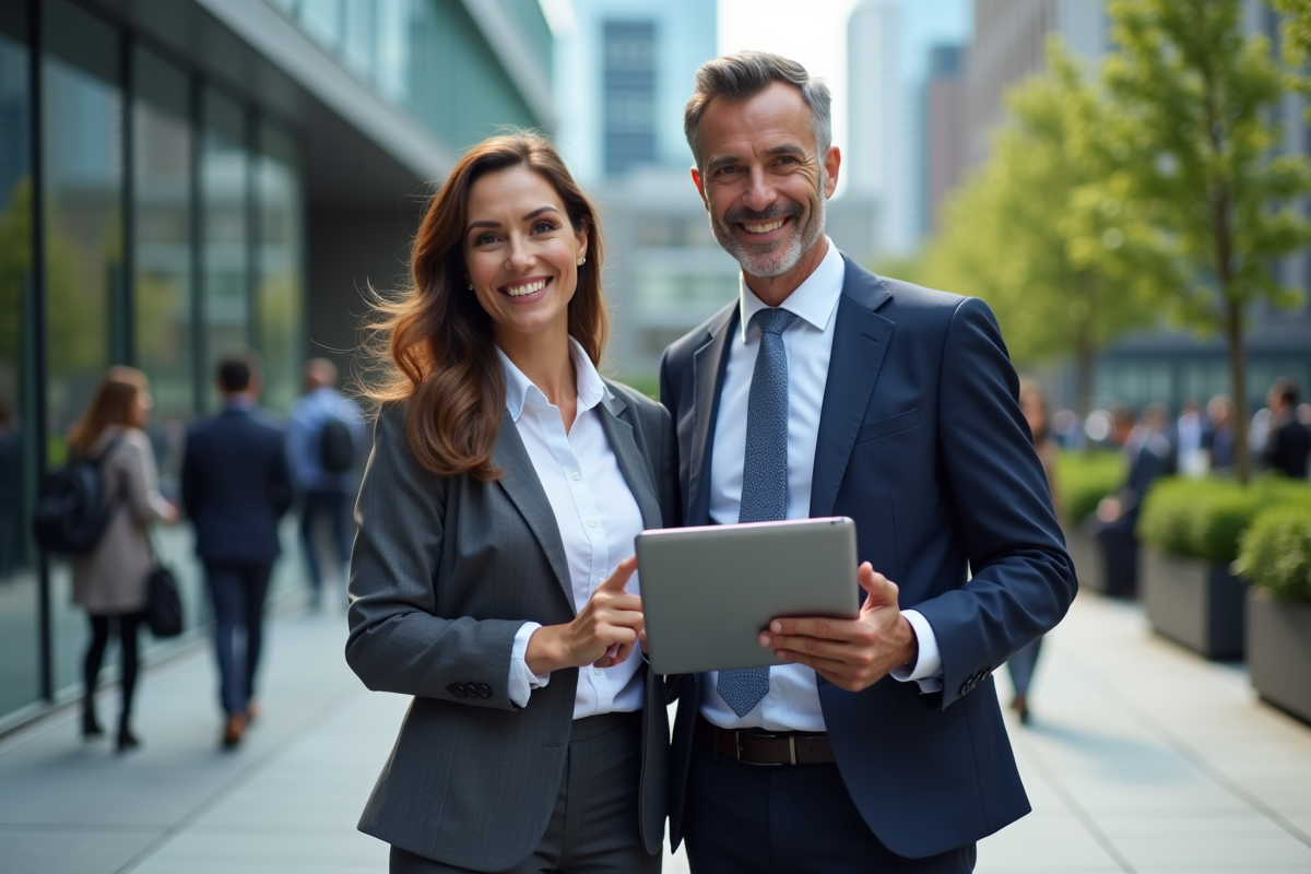 Deux cadres en extérieur devant un bâtiment moderne