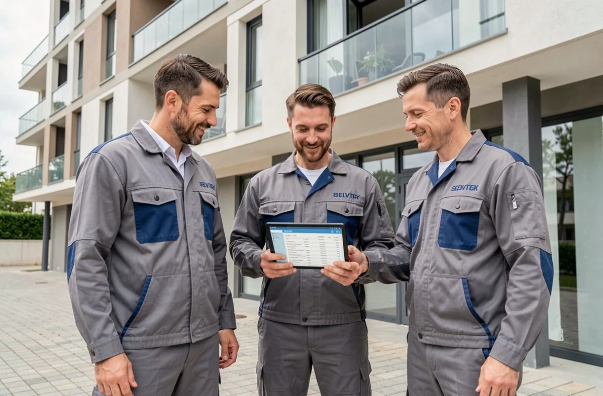 Équipe de plombiers Experts Fiables réunis devant un immeuble résidentiel à Montpellier