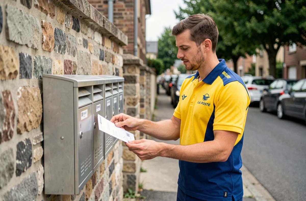 Facteur La Poste déposant une lettre recommandée dans une boîte aux lettres résidentielle