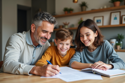 Famille adoptive souriante autour d'une table cuisine