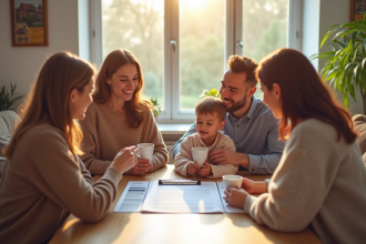 Famille heureuse autour d'une table avec document d'hypothèque