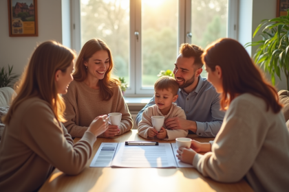 Famille heureuse autour d'une table avec document d'hypothèque