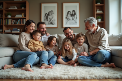 Famille multigenerations réunie dans un salon chaleureux